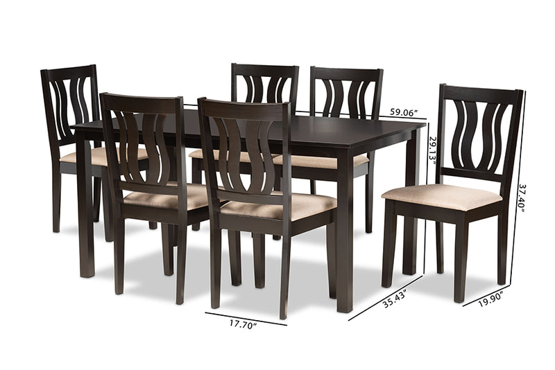 Roald Modern and Contemporary Sand Fabric Upholstered and Dark Brown Finished Wood 7-Piece Dining Set