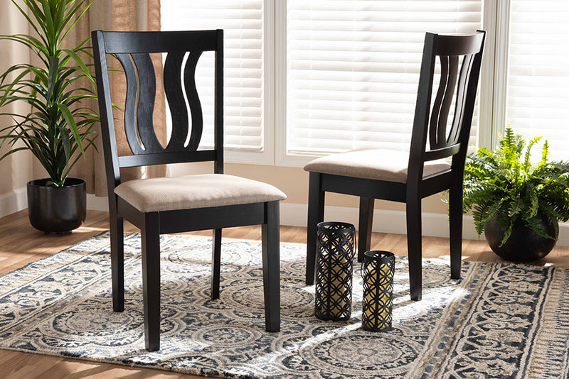 Roald Modern and Contemporary Sand Fabric Upholstered and Dark Brown Finished Wood 2-Piece Dining Chair Set