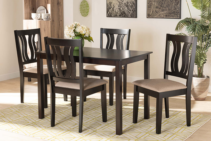 Roald Modern and Contemporary Sand Fabric Upholstered and Dark Brown Finished Wood 5-Piece Dining Set