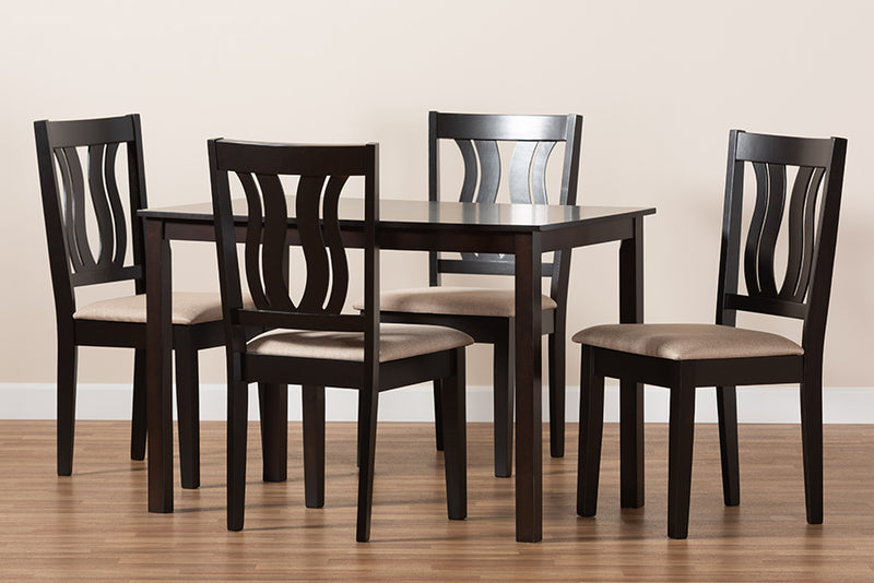 Roald Modern and Contemporary Sand Fabric Upholstered and Dark Brown Finished Wood 5-Piece Dining Set