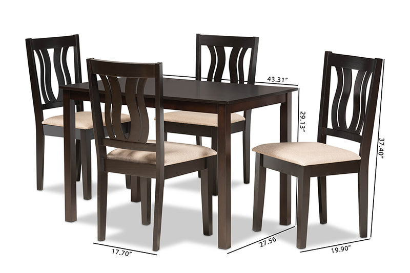 Roald Modern and Contemporary Sand Fabric Upholstered and Dark Brown Finished Wood 5-Piece Dining Set