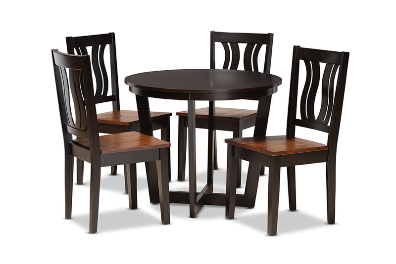 Leni Modern and Contemporary Two-Tone Dark Brown and Walnut Brown Finished Wood 5-Piece Dining Set