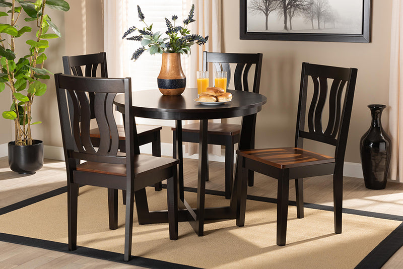 Leni Modern and Contemporary Two-Tone Dark Brown and Walnut Brown Finished Wood 5-Piece Dining Set