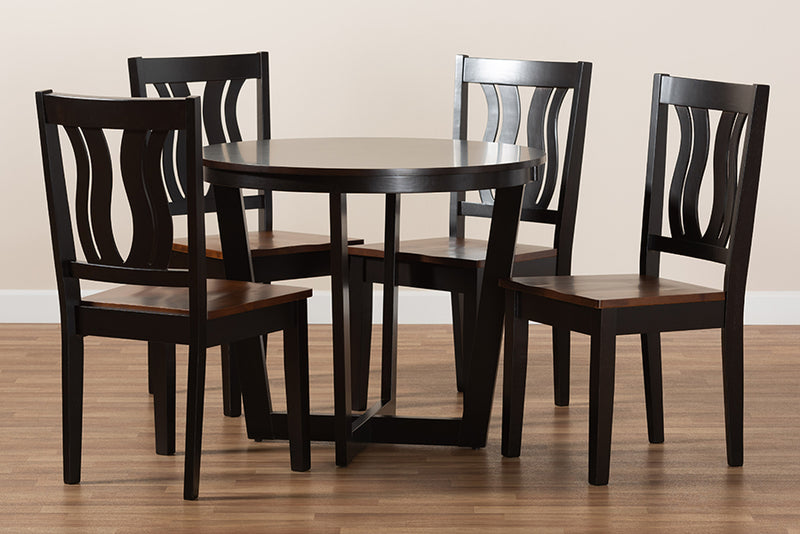 Leni Modern and Contemporary Two-Tone Dark Brown and Walnut Brown Finished Wood 5-Piece Dining Set