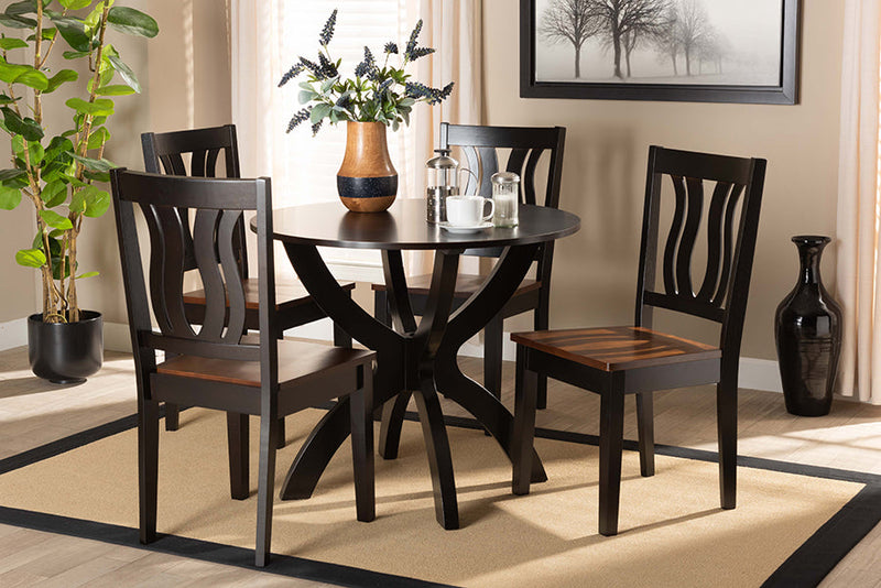 Elina Two-Tone Dark Brown and Walnut Brown 5-Piece Dining Set Baxton