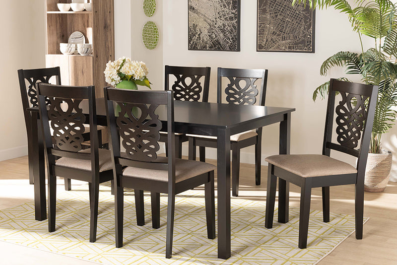 Brenner Modern and Contemporary Sand Fabric Upholstered and Dark Brown Finished Wood 7-Piece Dining Set