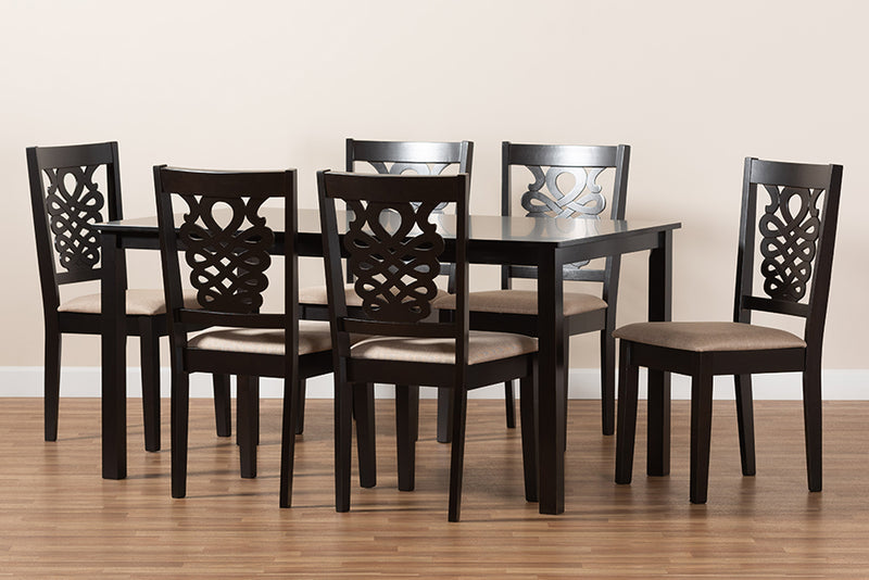 Brenner Modern and Contemporary Sand Fabric Upholstered and Dark Brown Finished Wood 7-Piece Dining Set