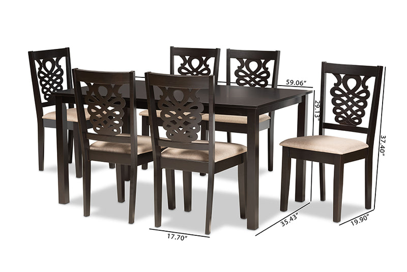 Brenner Modern and Contemporary Sand Fabric Upholstered and Dark Brown Finished Wood 7-Piece Dining Set