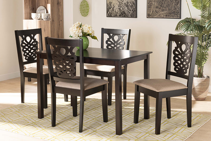 Brenner Modern and Contemporary Sand Fabric Upholstered and Dark Brown Finished Wood 5-Piece Dining Set