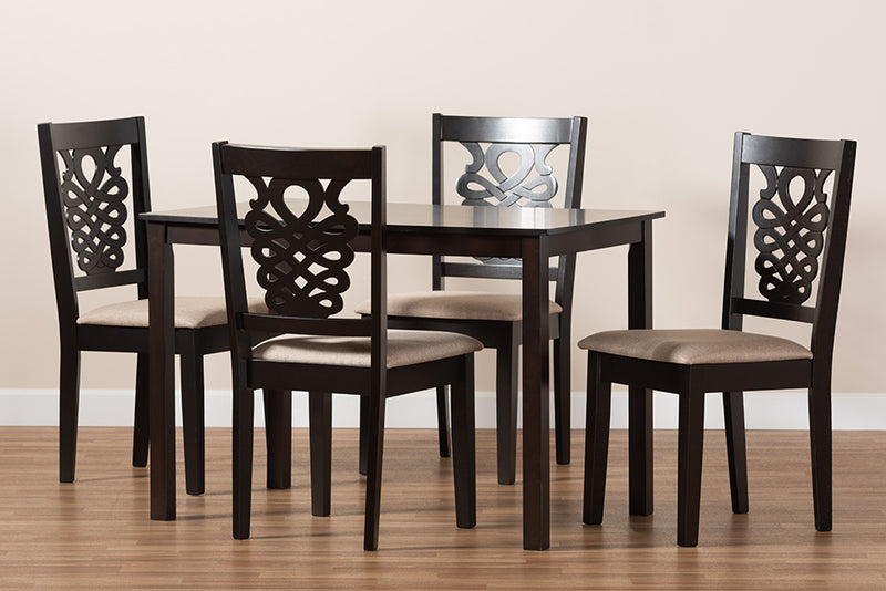 Brenner Modern and Contemporary Sand Fabric Upholstered and Dark Brown Finished Wood 5-Piece Dining Set