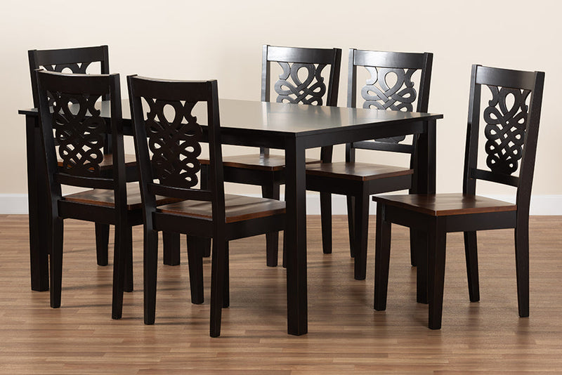Kim Two-Tone Dark Brown and Walnut Brown 7-Piece Dining Set Baxton
