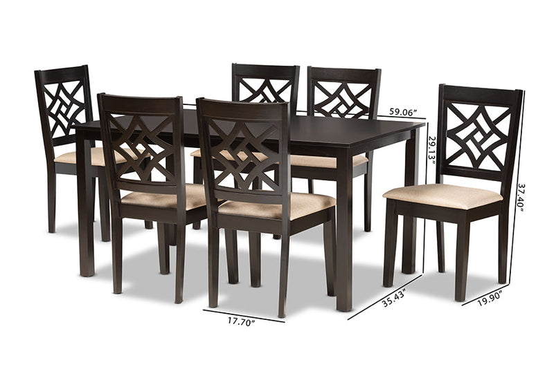 Braylin Sand Fabric Upholstered and Dark Brown 7-Piece Dining Set Baxton