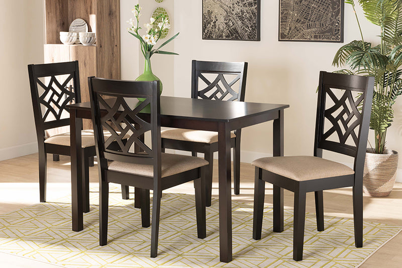 Braylin Modern and Contemporary Sand Fabric Upholstered and Dark Brown Finished Wood 5-Piece Dining Set