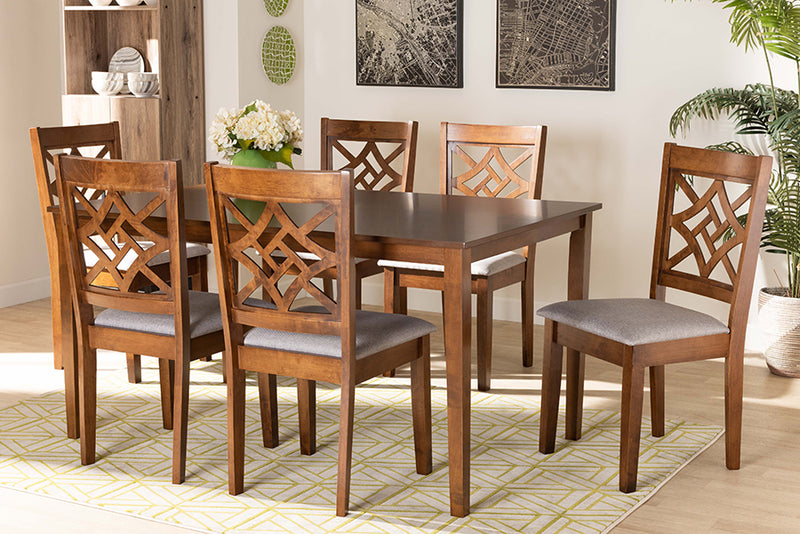 Braylin Modern and Contemporary Gray Fabric Upholstered and Walnut Brown Finished Wood 7-Piece Dining Set