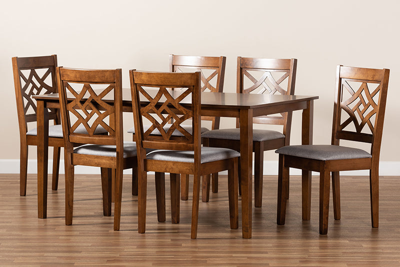 Braylin Modern and Contemporary Gray Fabric Upholstered and Walnut Brown Finished Wood 7-Piece Dining Set