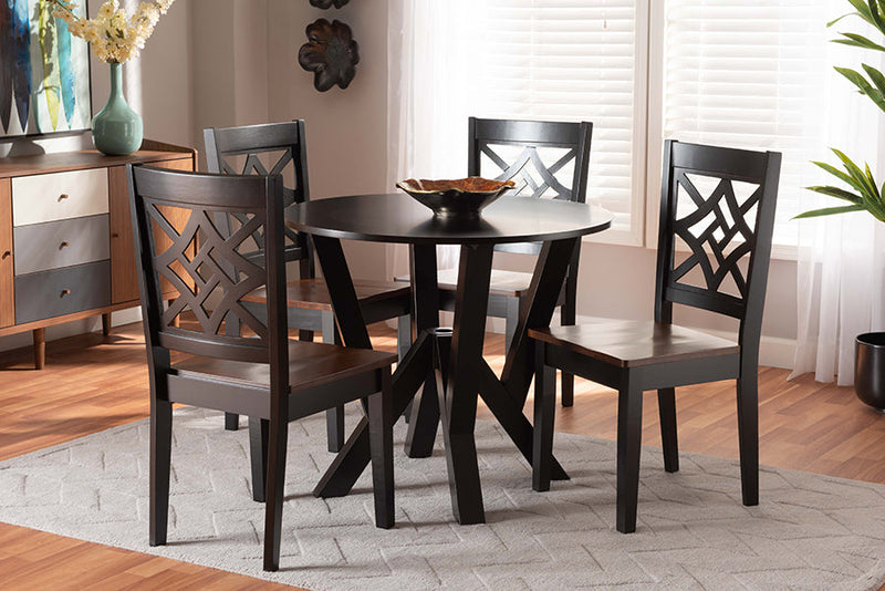 Harding Two-Tone Dark Brown and Walnut Brown 5-Piece Dining Set Baxton