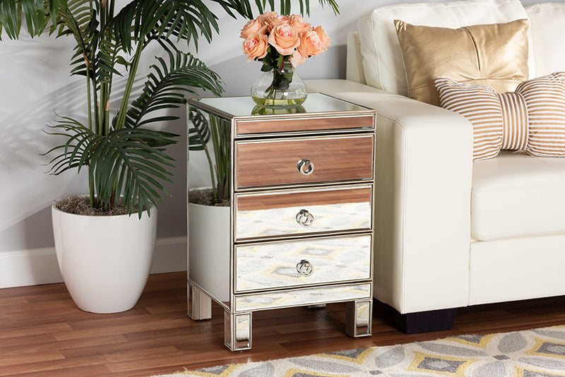 Pelleas Contemporary Glam and Luxe Mirrored 3-Drawer End Table