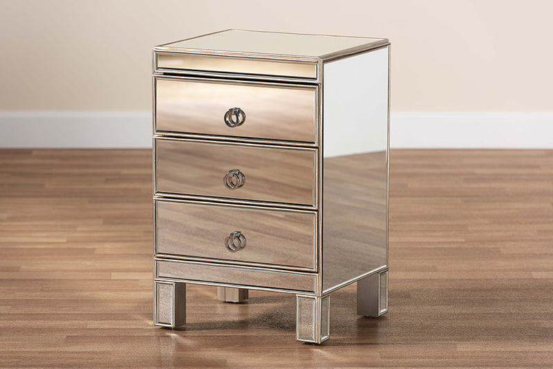 Pelleas Mirrored 3-Drawer End Table Baxton