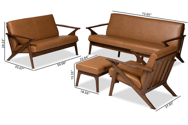 Netherlands Mid-Century Modern Walnut Brown Finished Wood and Tan Faux Leather Effect 4-Piece Living Room Set