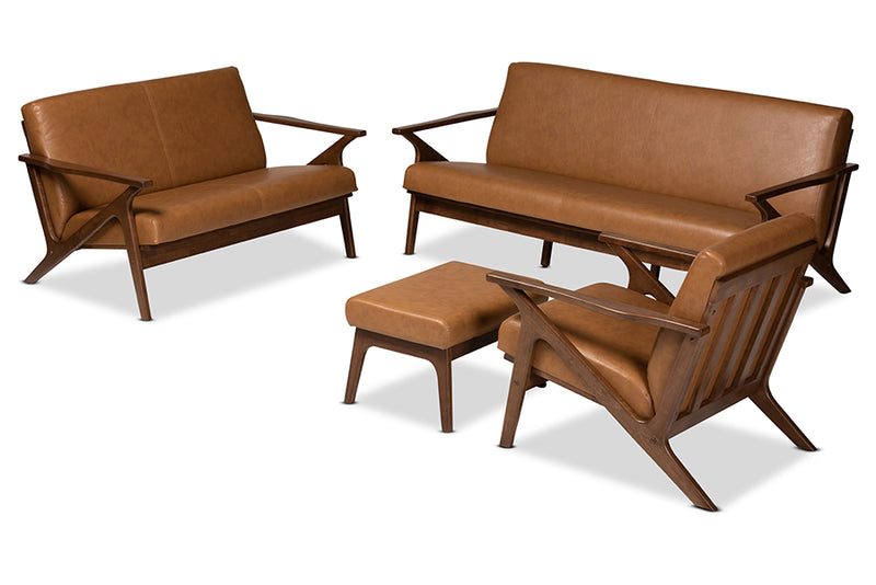 Netherlands Mid-Century Modern Walnut Brown Finished Wood and Tan Faux Leather Effect 4-Piece Living Room Set