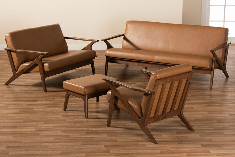 Netherlands Mid-Century Modern Walnut Brown Finished Wood and Tan Faux Leather Effect 4-Piece Living Room Set