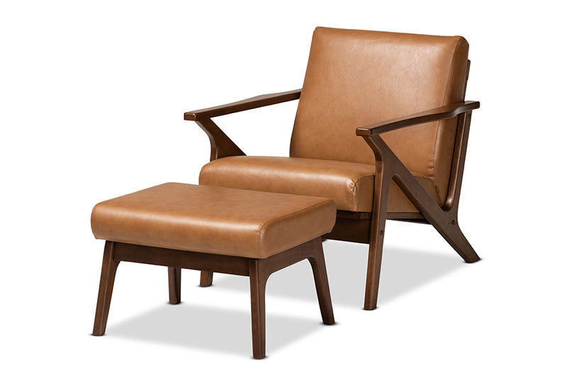 Netherlands Mid-Century Walnut Brown Finished Wood and Tan Faux Leather Effect 2-Piece Lounge chair and Ottoman Set