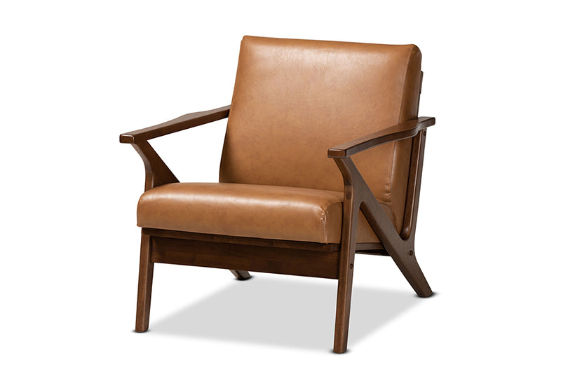 Netherlands Mid-Century Walnut Brown Finished Wood and Tan Faux Leather Effect 2-Piece Lounge chair and Ottoman Set