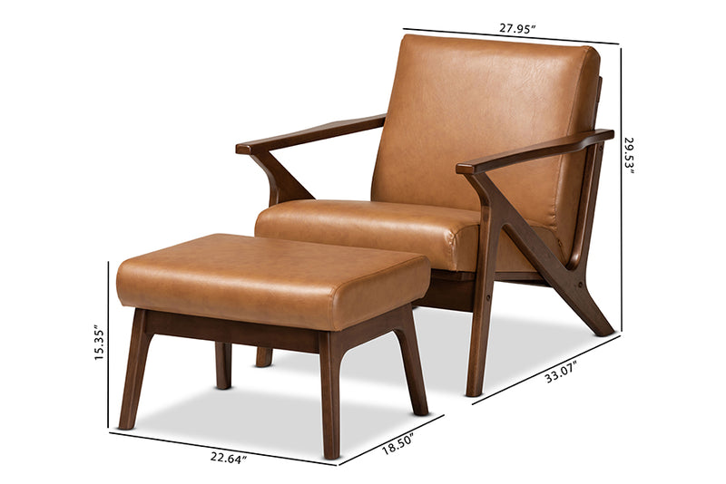 Netherlands Mid-Century Walnut Brown Finished Wood and Tan Faux Leather Effect 2-Piece Lounge chair and Ottoman Set