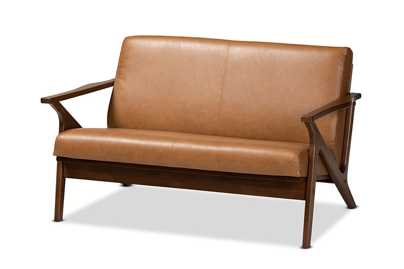 Netherlands Mid-Century Modern Walnut Brown Finished Wood and Tan Faux Leather Effect Loveseat