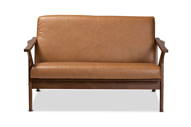 Netherlands Mid-Century Modern Walnut Brown Finished Wood and Tan Faux Leather Effect Loveseat