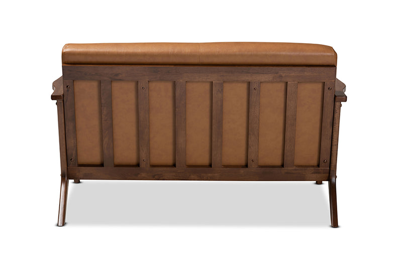 Netherlands Mid-Century Modern Walnut Brown Finished Wood and Tan Faux Leather Effect Loveseat