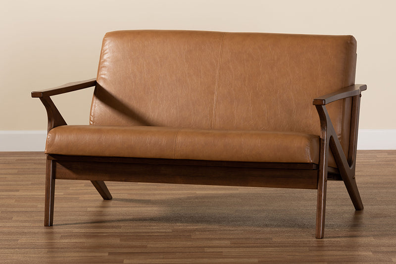 Netherlands Mid-Century Modern Walnut Brown Finished Wood and Tan Faux Leather Effect Loveseat