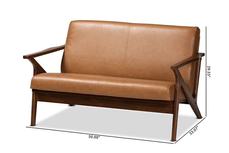 Netherlands Mid-Century Modern Walnut Brown Finished Wood and Tan Faux Leather Effect Loveseat