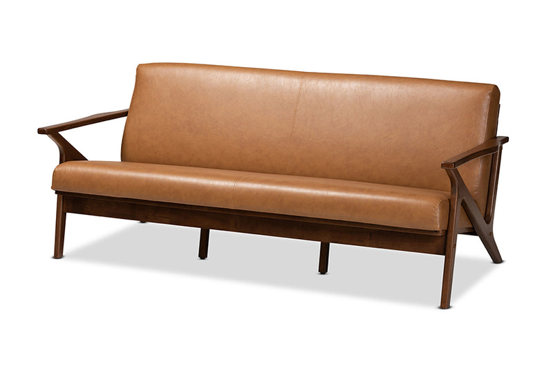 Netherlands Mid-Century Modern Walnut Brown Finished Wood and Tan Faux Leather Effect Sofa