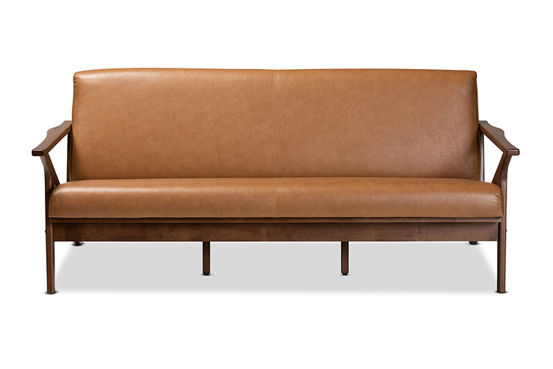 Netherlands Mid-Century Modern Walnut Brown Finished Wood and Tan Faux Leather Effect Sofa