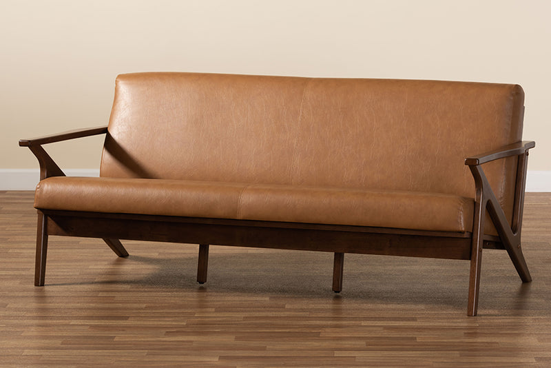 Netherlands Mid-Century Modern Walnut Brown Finished Wood and Tan Faux Leather Effect Sofa