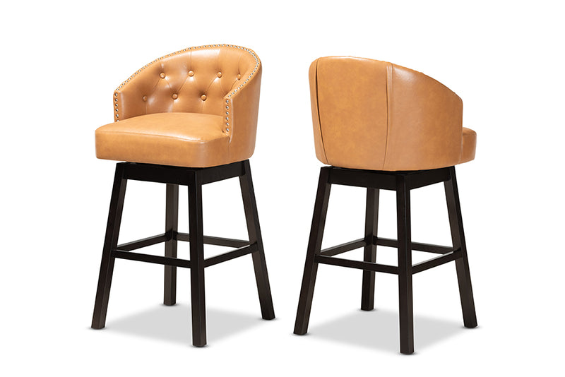 Olson Modern and Contemporary Tan Faux Leather Upholstered and Dark Brown Finished Wood 2-Piece Swivel Bar Stool Set