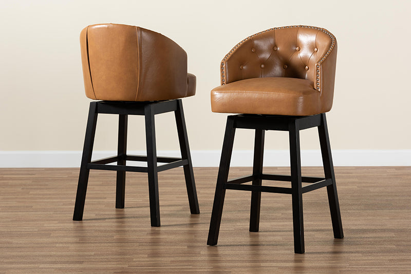 Olson Modern and Contemporary Tan Faux Leather Upholstered and Dark Brown Finished Wood 2-Piece Swivel Bar Stool Set