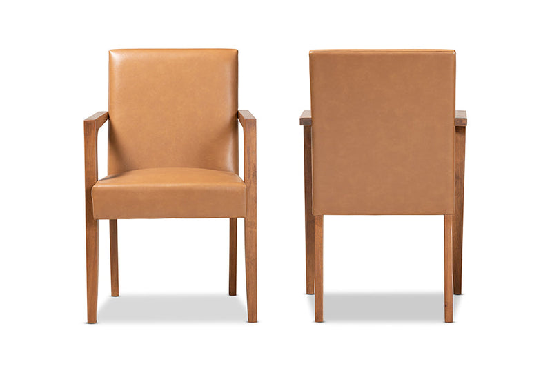 Nicholson Tan Faux Leather Walnut Brown 2Pc Armchair Set Baxton