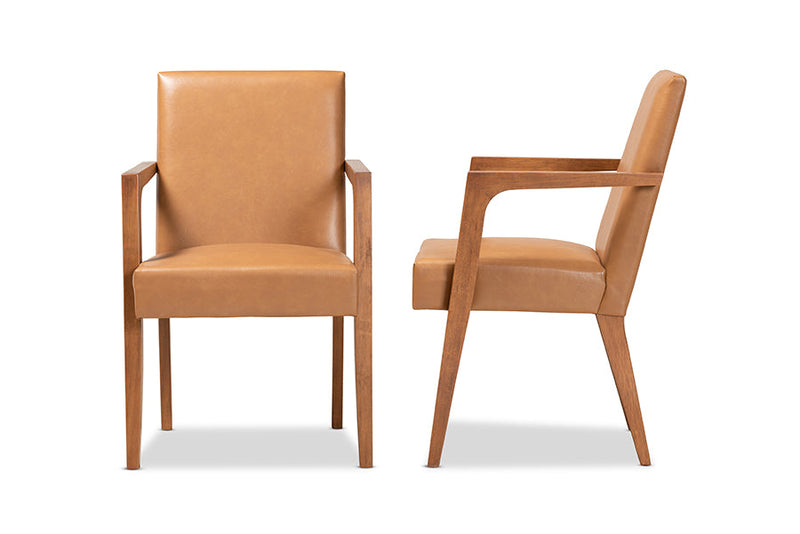 Nicholson Tan Faux Leather Walnut Brown 2Pc Armchair Set Baxton