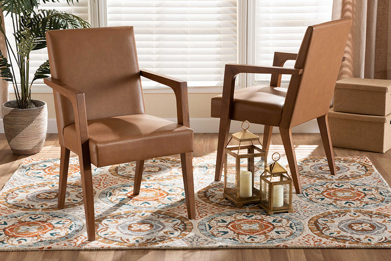 Nicholson Tan Faux Leather Walnut Brown 2Pc Armchair Set Baxton