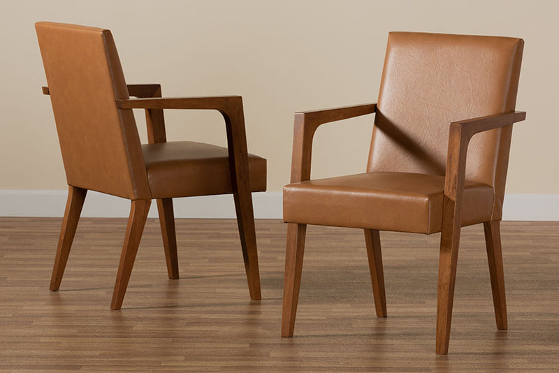 Nicholson Tan Faux Leather Walnut Brown 2Pc Armchair Set Baxton