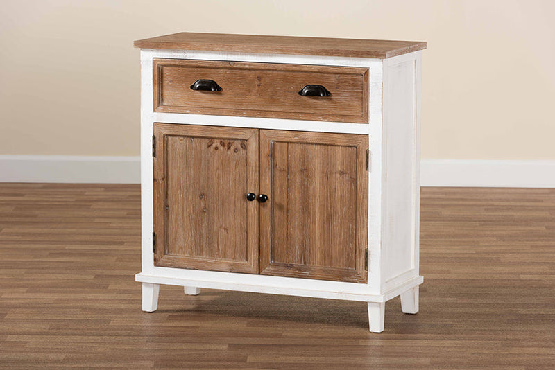 Iara Weathered Two-Tone White and Oak Brown 2-Door Storage Cabinet Baxton