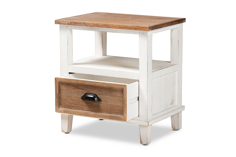 Iara Rustic Farmhouse Weathered Two-Tone White and Oak Brown Finished Wood 1-Drawer End Table