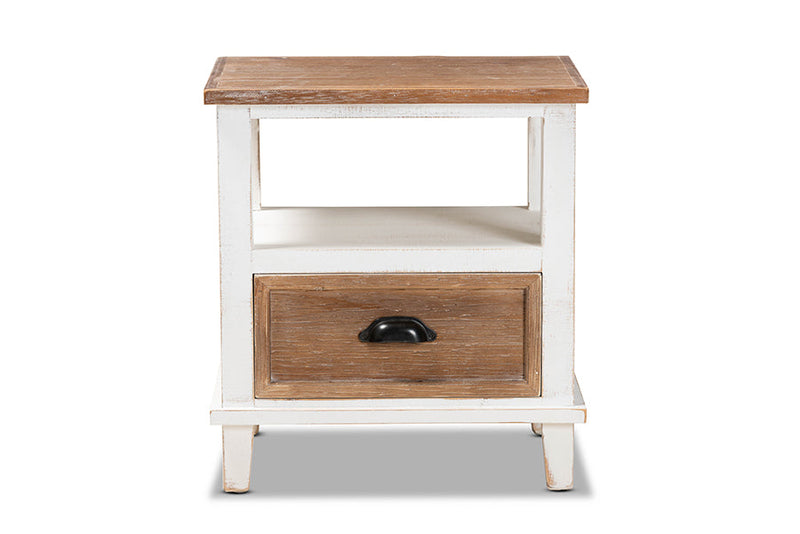 Iara Rustic Farmhouse Weathered Two-Tone White and Oak Brown 1-Drawer End Table Baxton