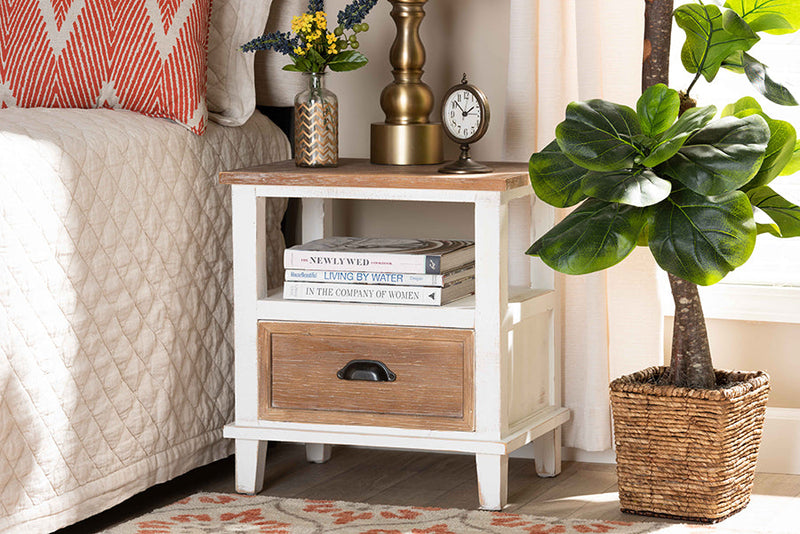 Iara Rustic Farmhouse Weathered Two-Tone White and Oak Brown 1-Drawer End Table Baxton
