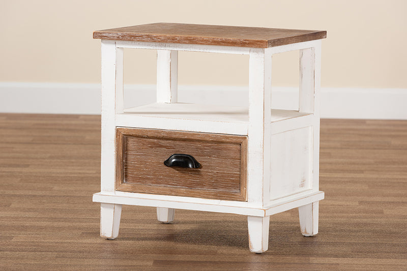 Iara Rustic Farmhouse Weathered Two-Tone White and Oak Brown Finished Wood 1-Drawer End Table