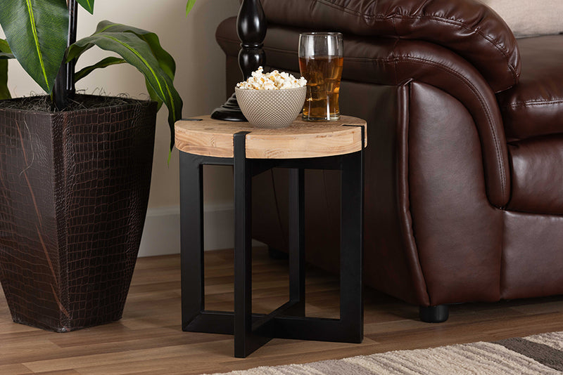 Karel Rustic and Industrial Natural Brown Finished Wood and Black Finished Metal End Table