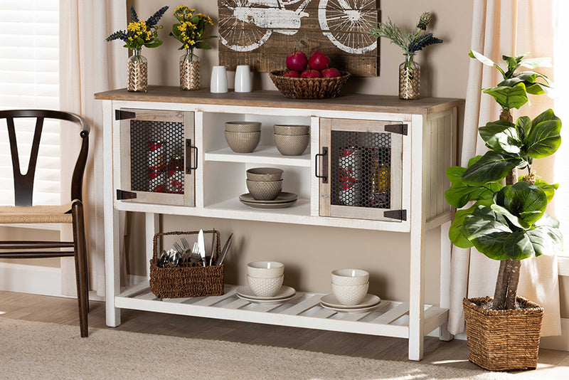 Savitri Rustic Industrial Farmhouse Weathered Two-Tone White and Oak Brown Finished 2-Door Dining Room Buffet