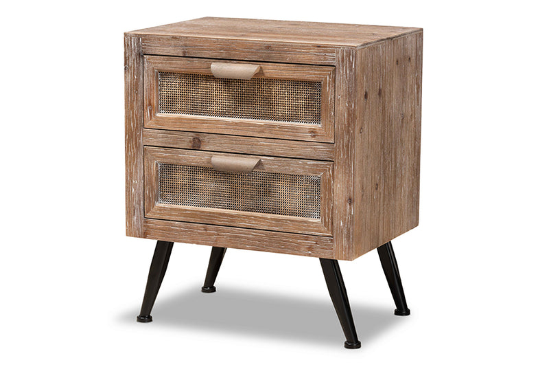 Lovina Mid-Century Modern Whitewashed Natural Brown Finished Wood and Rattan 2-Drawer End Table